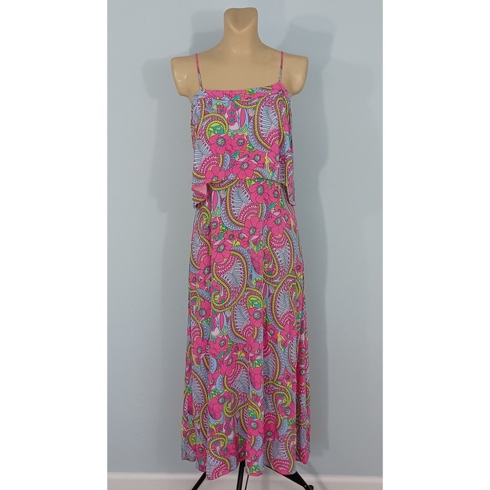 New Scoop NYC Neon Pink Green Blue Paisley Maxi Dress M 8-10 anthropologie